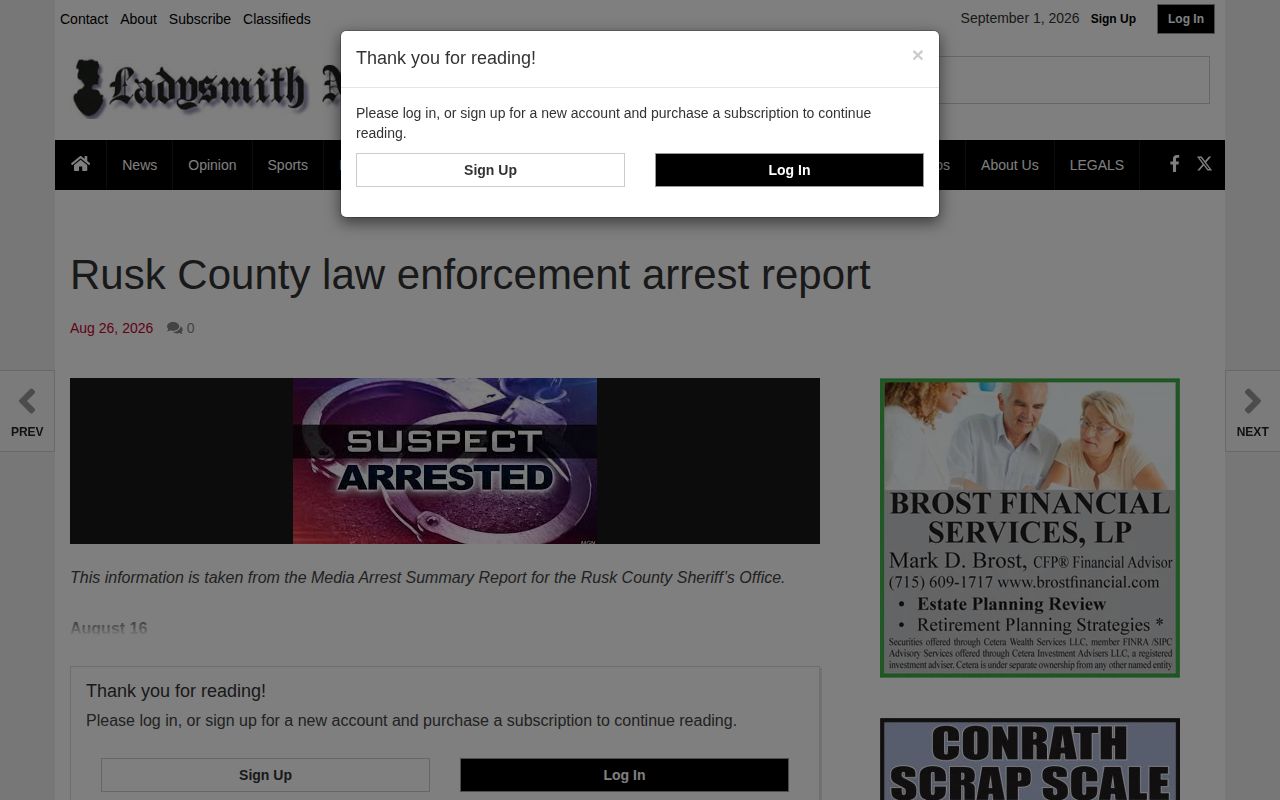 Rusk County Police Courts arrest-report access notice at Ladysmith News