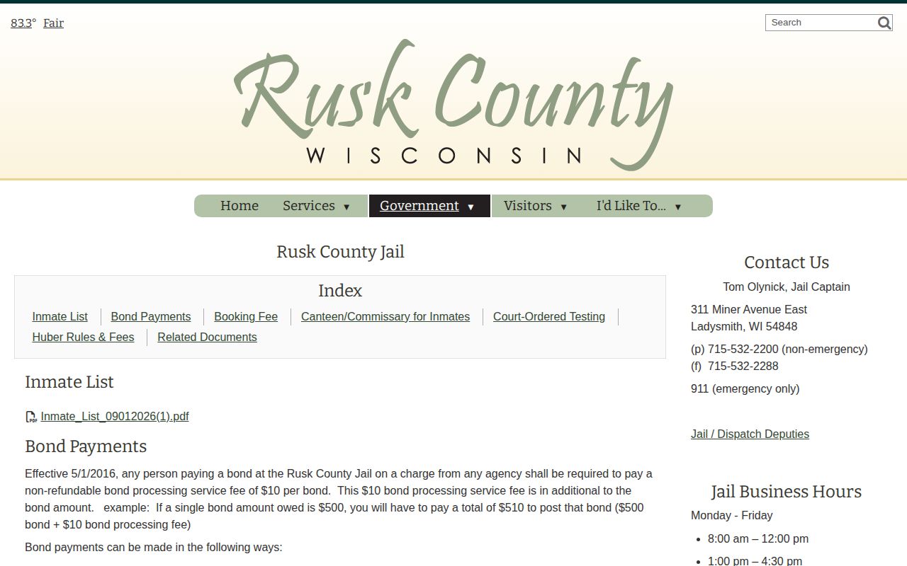 Rusk County Jail official current inmates PDF roster access page