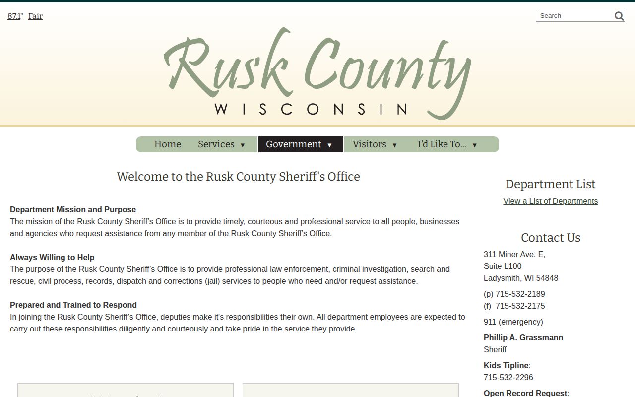 Rusk County Sheriff's Office official records contact page